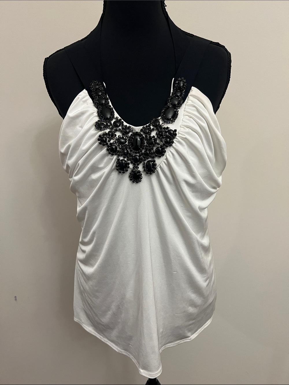 Cache White Halter Camisole with Black Beaded Neckline